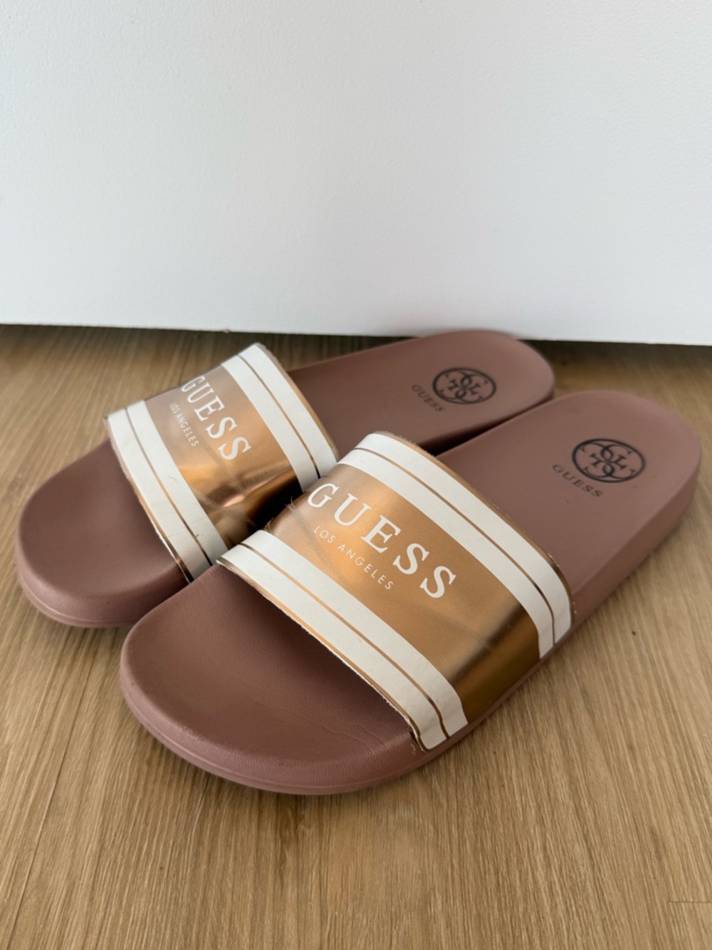 GUESS Rose Brown and Metallic Copper Slide Sandals